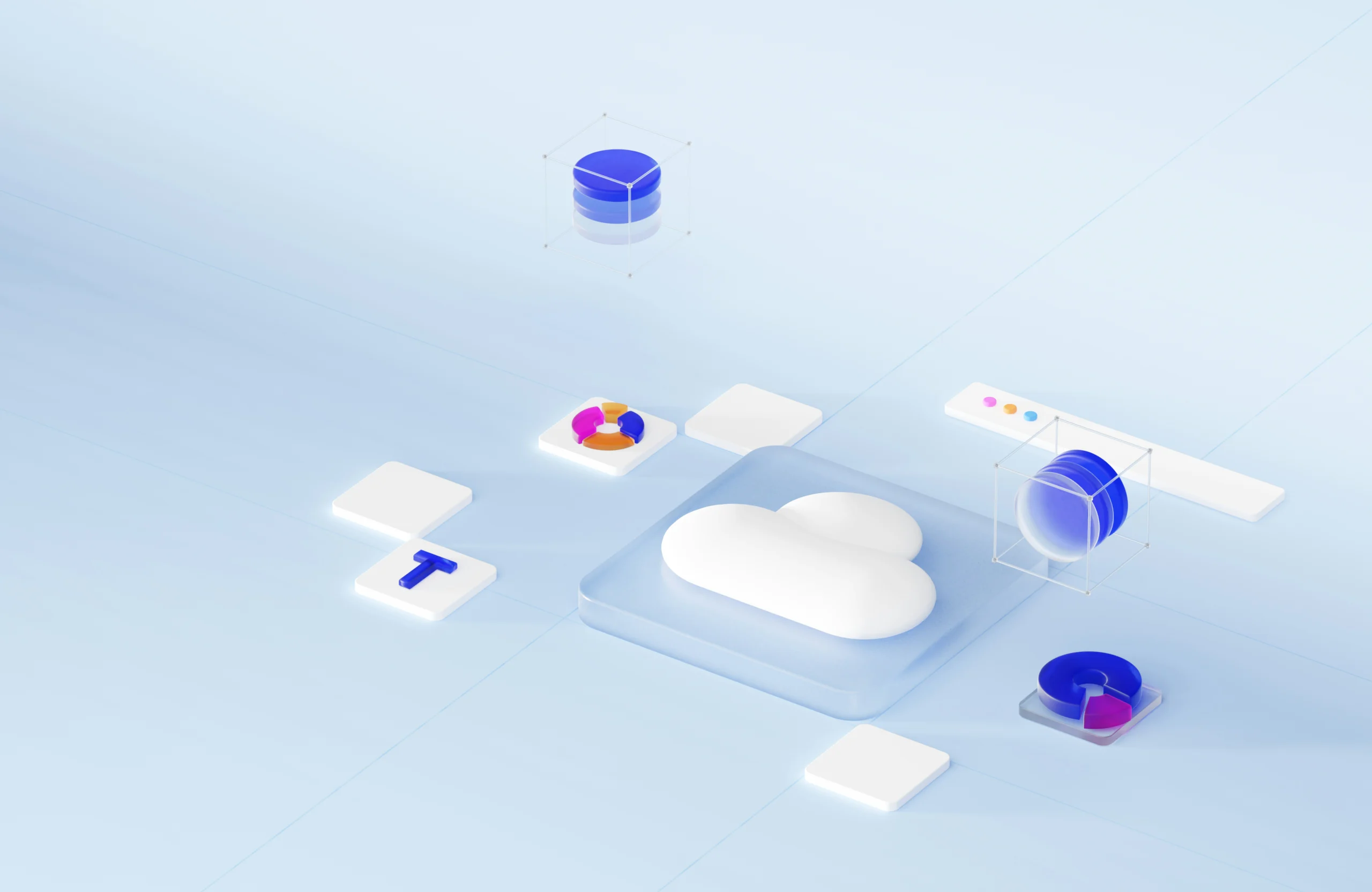 3D digital illustration showing cloud storage, charts and database icons symbolizing converting PDF data into social-media-ready visuals.